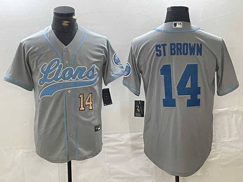 Men%27s Detroit Lions #14 Amon-Ra St. Brown Number Gray Cool Base Stitched Baseball Jerseys